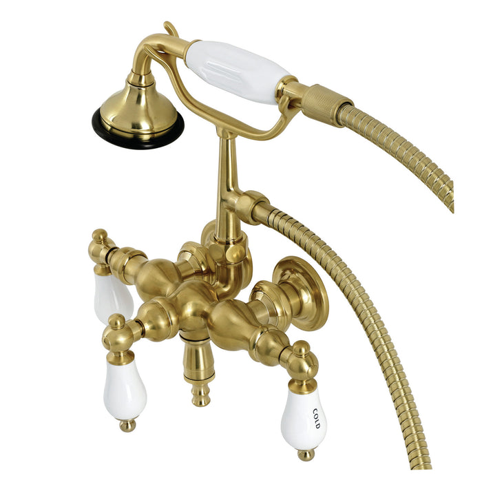Kingston Heirloom AE21T7 - Aqua Vintage Three-Handle 2-Hole Tub Wall Mount Clawfoot Tub Faucet with Hand Shower, Brushed Brass