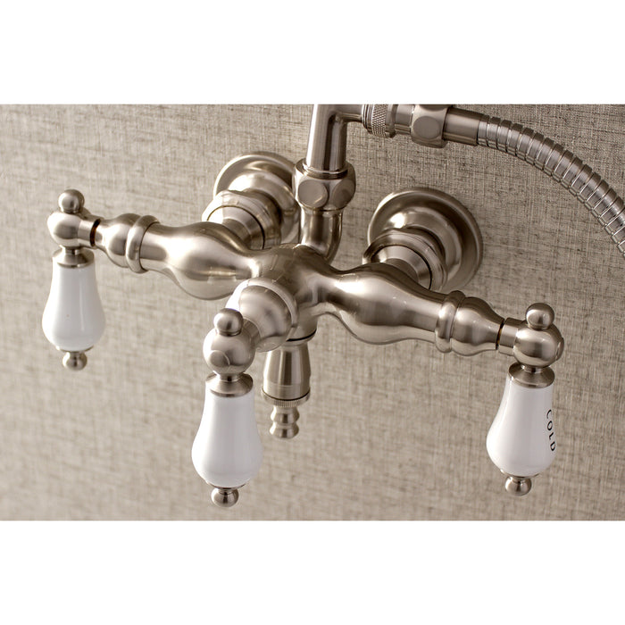 Kingston Heirloom AE21T8 - Aqua Vintage Three-Handle 2-Hole Tub Wall Mount Clawfoot Tub Faucet with Hand Shower, Brushed Nickel