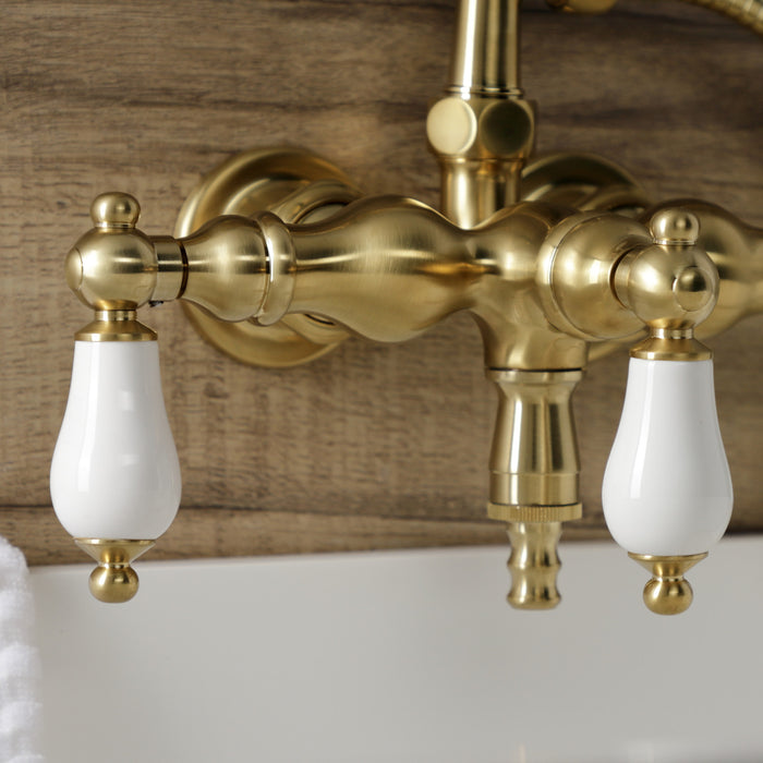 Aqua Vintage AE23T7 Three-Handle 2-Hole Tub Wall Mount Clawfoot Tub Faucet with Hand Shower, Brushed Brass