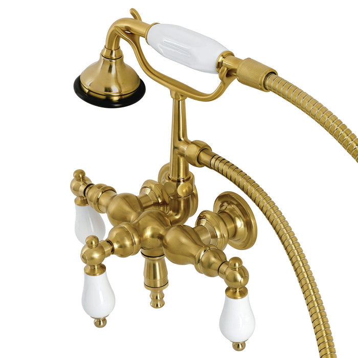 Kingston Heirloom AE23T7 - Aqua Vintage Three-Handle 2-Hole Tub Wall Mount Clawfoot Tub Faucet with Hand Shower, Brushed Brass