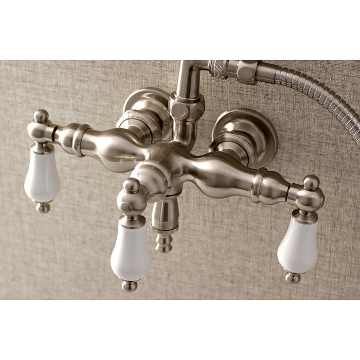 Kingston Heirloom AE23T8 - Aqua Vintage Three-Handle 2-Hole Tub Wall Mount Clawfoot Tub Faucet with Hand Shower, Brushed Nickel