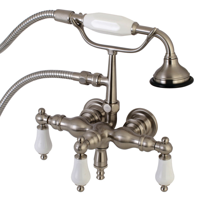 Kingston Heirloom AE23T8 - Aqua Vintage Three-Handle 2-Hole Tub Wall Mount Clawfoot Tub Faucet with Hand Shower, Brushed Nickel