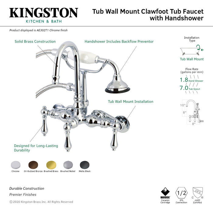 Kingston Heirloom AE301T0 - Aqua Vintage Three-Handle 2-Hole Tub Wall Mount Clawfoot Tub Faucet with Hand Shower, Matte Black
