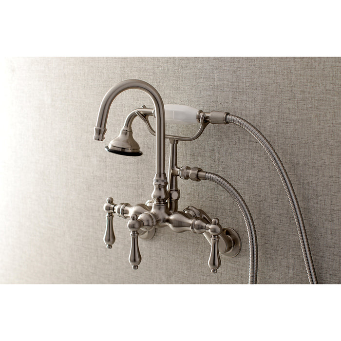 Kingston Heirloom AE301T8 - Aqua Vintage Three-Handle 2-Hole Tub Wall Mount Clawfoot Tub Faucet with Hand Shower, Brushed Nickel