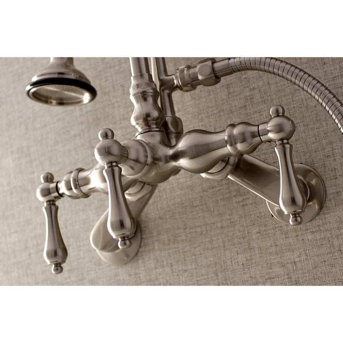 Kingston Heirloom AE301T8 - Aqua Vintage Three-Handle 2-Hole Tub Wall Mount Clawfoot Tub Faucet with Hand Shower, Brushed Nickel