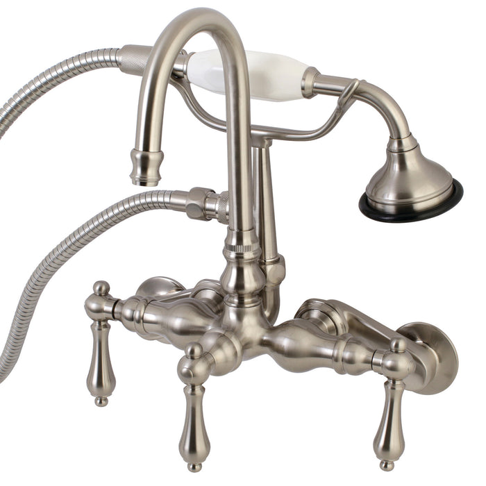 Kingston Heirloom AE301T8 - Aqua Vintage Three-Handle 2-Hole Tub Wall Mount Clawfoot Tub Faucet with Hand Shower, Brushed Nickel