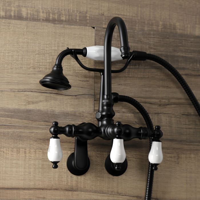 Kingston Heirloom AE303T0 - Aqua Vintage Three-Handle 2-Hole Tub Wall Mount Clawfoot Tub Faucet with Hand Shower, Matte Black