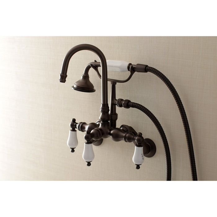 Kingston Heirloom AE303T5 - Aqua Vintage Three-Handle 2-Hole Tub Wall Mount Clawfoot Tub Faucet with Hand Shower, Oil Rubbed Bronze