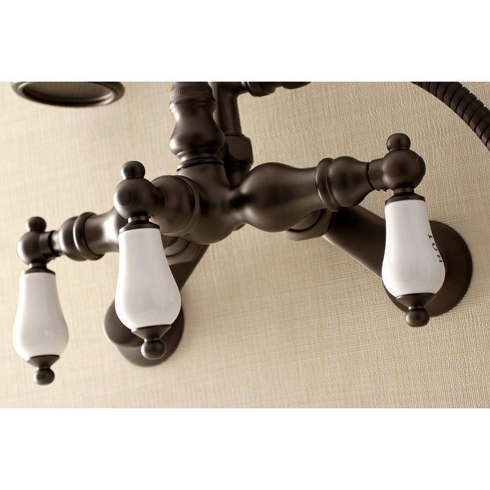 Kingston Heirloom AE303T5 - Aqua Vintage Three-Handle 2-Hole Tub Wall Mount Clawfoot Tub Faucet with Hand Shower, Oil Rubbed Bronze