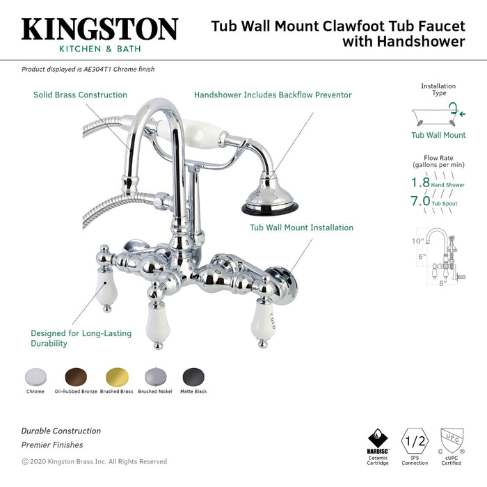 Kingston Heirloom AE303T8 - Aqua Vintage Three-Handle 2-Hole Tub Wall Mount Clawfoot Tub Faucet with Hand Shower, Brushed Nickel