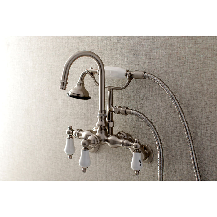 Kingston Heirloom AE303T8 - Aqua Vintage Three-Handle 2-Hole Tub Wall Mount Clawfoot Tub Faucet with Hand Shower, Brushed Nickel