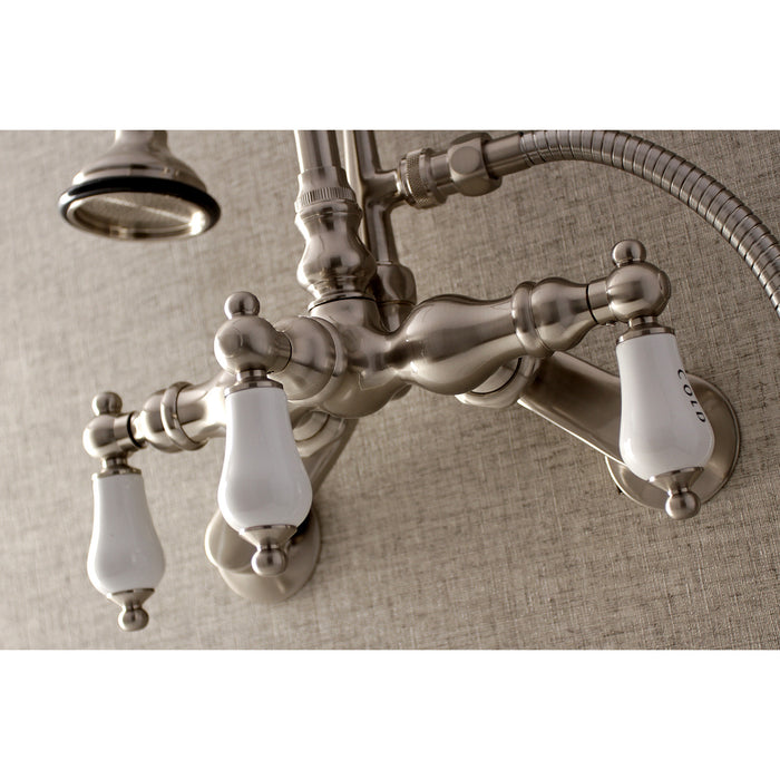 Kingston Heirloom AE303T8 - Aqua Vintage Three-Handle 2-Hole Tub Wall Mount Clawfoot Tub Faucet with Hand Shower, Brushed Nickel