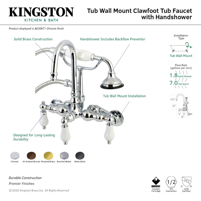 Kingston Heirloom AE305T0 - Aqua Vintage Three-Handle 2-Hole Tub Wall Mount Clawfoot Tub Faucet with Hand Shower, Matte Black