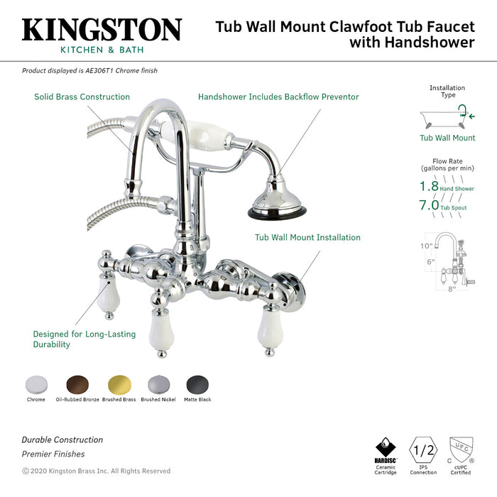 Aqua Vintage AE305T7 Three-Handle 2-Hole Tub Wall Mount Clawfoot Tub Faucet with Hand Shower, Brushed Brass