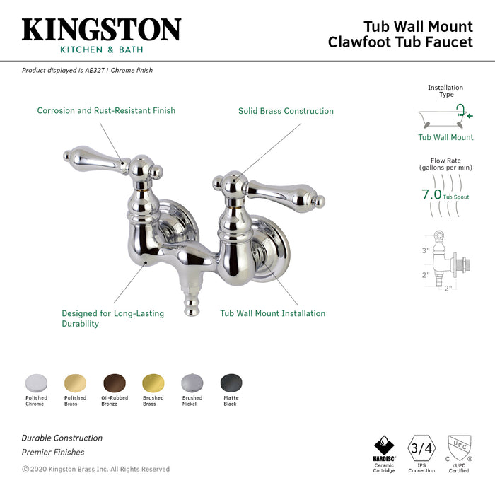 Kingston Heirloom AE31T0 - Aqua Vintage Two-Handle 2-Hole Tub Wall Mount Clawfoot Tub Faucet, Matte Black