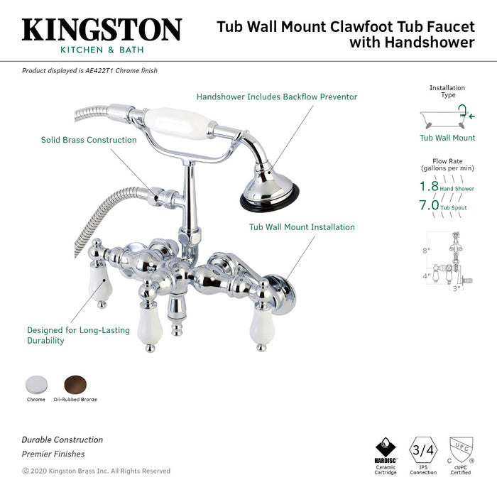 Vintage AE422T1 Three-Handle 2-Hole Tub Wall Mount Clawfoot Tub Faucet with Hand Shower, Polished Chrome