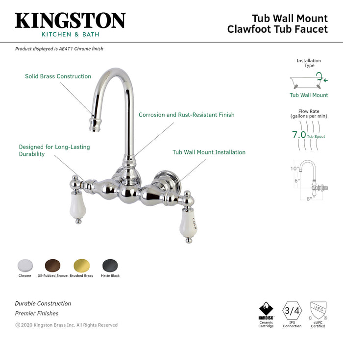 Kingston Heirloom AE4T1 - Aqua Vintage Two-Handle 2-Hole Tub Wall Mount Clawfoot Tub Faucet, Polished Chrome