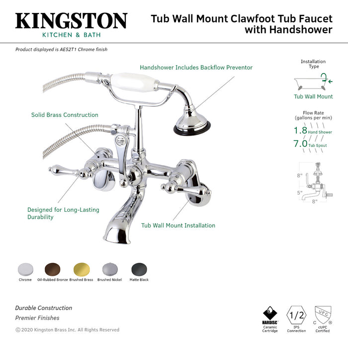 Kingston Heirloom AE51T7 - Aqua Vintage Three-Handle 2-Hole Tub Wall Mount Clawfoot Tub Faucet with Hand Shower, Brushed Brass