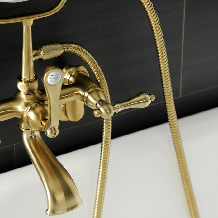 Kingston Heirloom AE51T7 - Aqua Vintage Three-Handle 2-Hole Tub Wall Mount Clawfoot Tub Faucet with Hand Shower, Brushed Brass