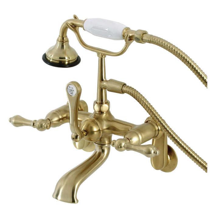 Kingston Heirloom AE51T7 - Aqua Vintage Three-Handle 2-Hole Tub Wall Mount Clawfoot Tub Faucet with Hand Shower, Brushed Brass