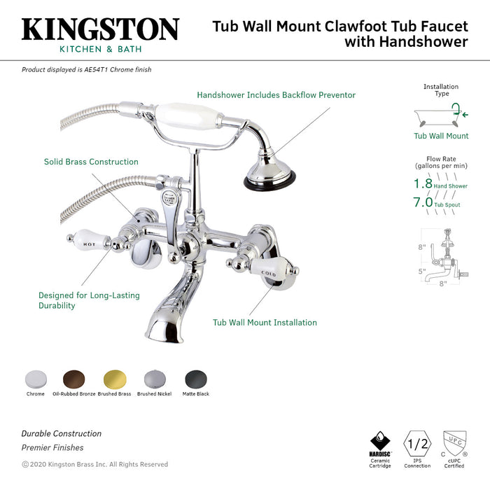 Kingston Heirloom AE53T0 - Aqua Vintage Three-Handle 2-Hole Tub Wall Mount Clawfoot Tub Faucet with Hand Shower, Matte Black