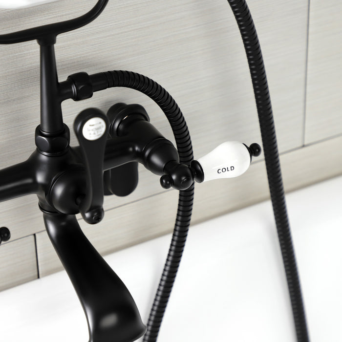Kingston Heirloom AE53T0 - Aqua Vintage Three-Handle 2-Hole Tub Wall Mount Clawfoot Tub Faucet with Hand Shower, Matte Black