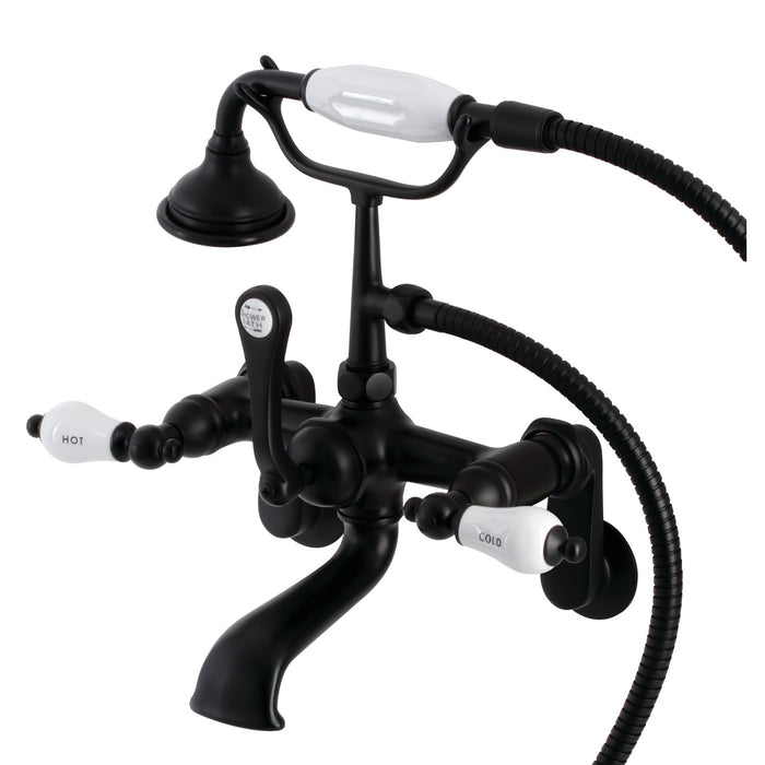 Kingston Heirloom AE53T0 - Aqua Vintage Three-Handle 2-Hole Tub Wall Mount Clawfoot Tub Faucet with Hand Shower, Matte Black