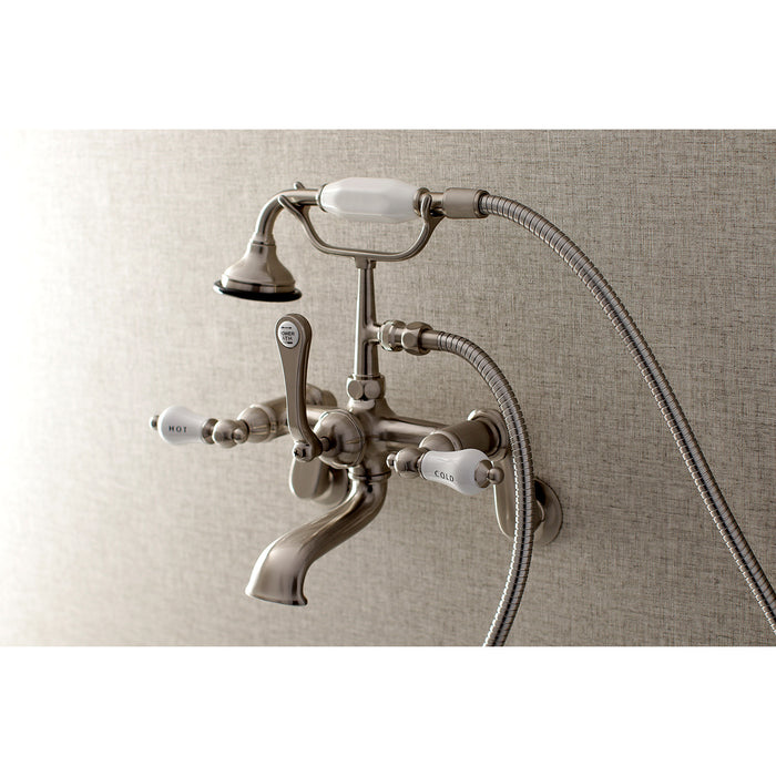 Kingston Heirloom AE53T8 - Aqua Vintage Three-Handle 2-Hole Tub Wall Mount Clawfoot Tub Faucet with Hand Shower, Brushed Nickel
