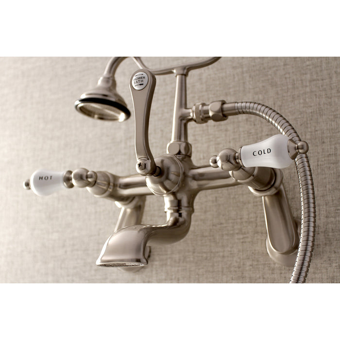Kingston Heirloom AE53T8 - Aqua Vintage Three-Handle 2-Hole Tub Wall Mount Clawfoot Tub Faucet with Hand Shower, Brushed Nickel
