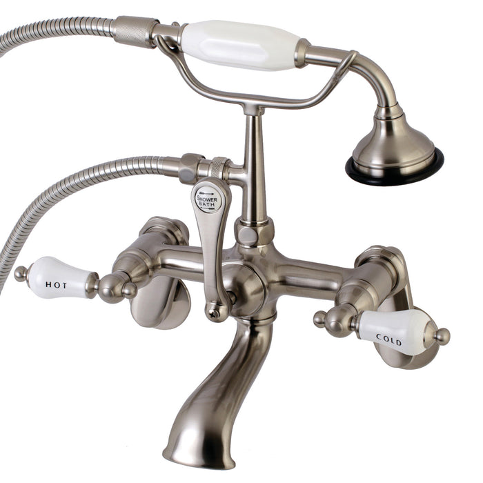 Kingston Heirloom AE53T8 - Aqua Vintage Three-Handle 2-Hole Tub Wall Mount Clawfoot Tub Faucet with Hand Shower, Brushed Nickel