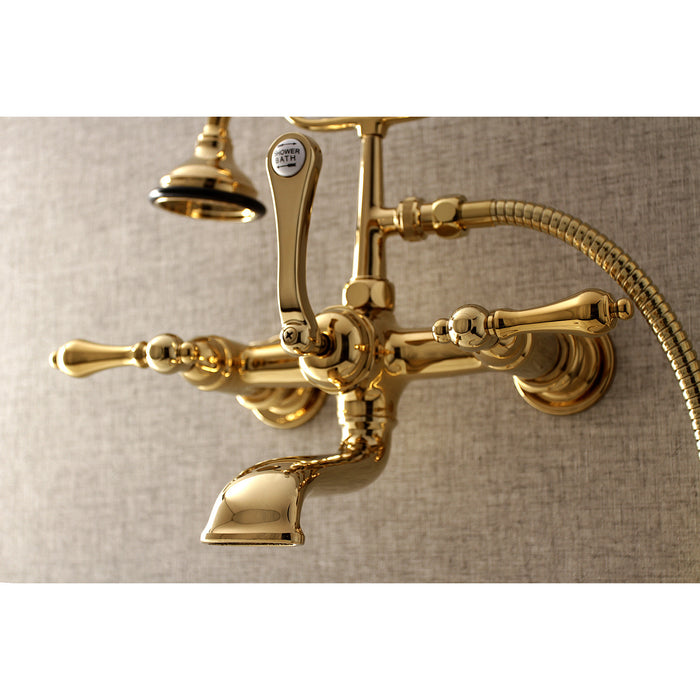 Aqua Vintage AE551T2 Three-Handle 2-Hole Tub Wall Mount Clawfoot Tub Faucet with Hand Shower, Polished Brass