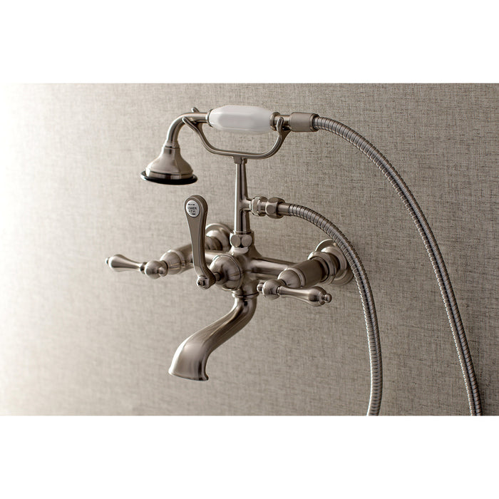 Kingston Heirloom AE551T8 - Aqua Vintage Three-Handle 2-Hole Tub Wall Mount Clawfoot Tub Faucet with Hand Shower, Brushed Nickel