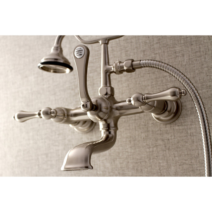 Kingston Heirloom AE551T8 - Aqua Vintage Three-Handle 2-Hole Tub Wall Mount Clawfoot Tub Faucet with Hand Shower, Brushed Nickel