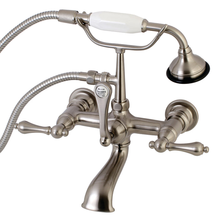 Kingston Heirloom AE551T8 - Aqua Vintage Three-Handle 2-Hole Tub Wall Mount Clawfoot Tub Faucet with Hand Shower, Brushed Nickel
