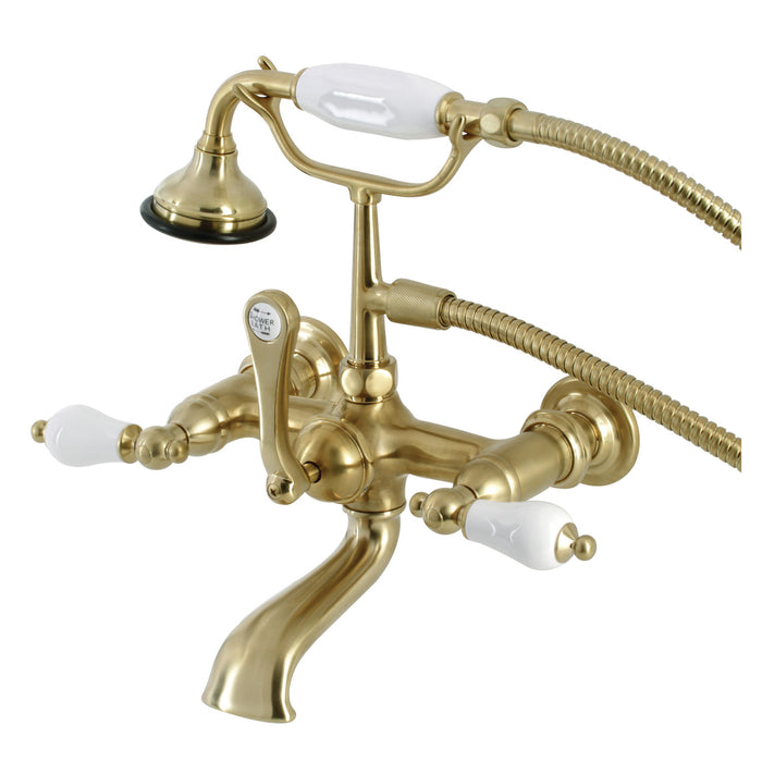 Kingston Heirloom AE553T7 - Aqua Vintage Three-Handle 2-Hole Tub Wall Mount Clawfoot Tub Faucet with Hand Shower, Brushed Brass