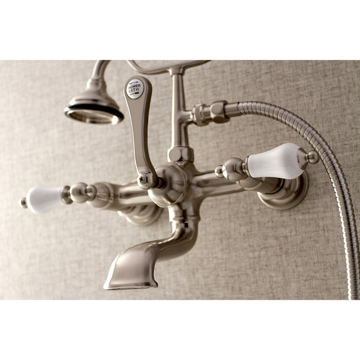 Aqua Vintage AE553T8 Three-Handle 2-Hole Tub Wall Mount Clawfoot Tub Faucet with Hand Shower, Brushed Nickel