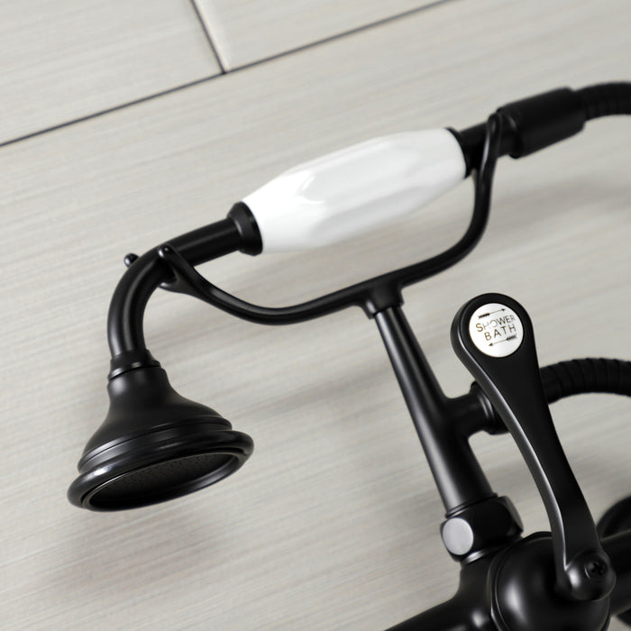 Kingston Heirloom AE555T0 - Aqua Vintage Three-Handle 2-Hole Tub Wall Mount Clawfoot Tub Faucet with Hand Shower, Matte Black