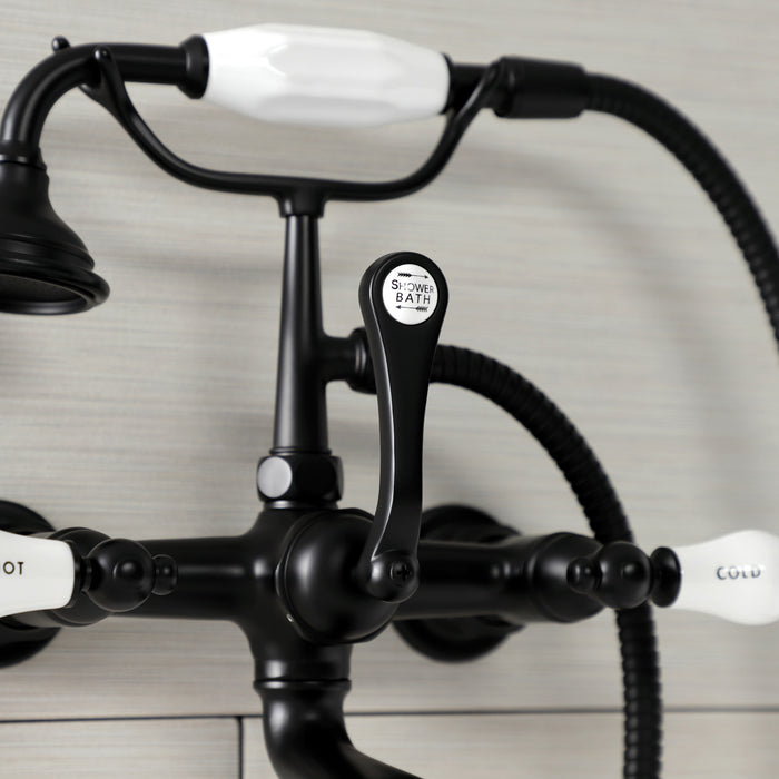 Kingston Heirloom AE555T0 - Aqua Vintage Three-Handle 2-Hole Tub Wall Mount Clawfoot Tub Faucet with Hand Shower, Matte Black