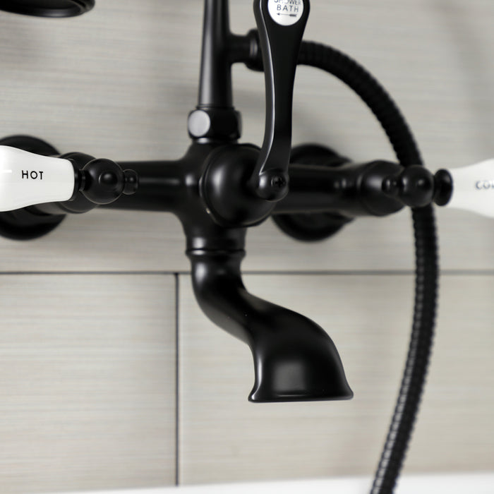 Kingston Heirloom AE555T0 - Aqua Vintage Three-Handle 2-Hole Tub Wall Mount Clawfoot Tub Faucet with Hand Shower, Matte Black