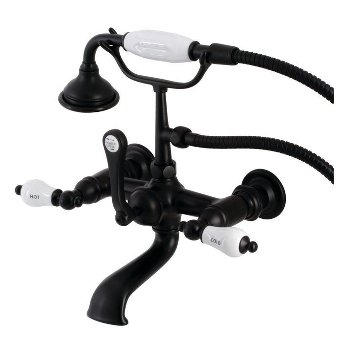 Kingston Heirloom AE555T0 - Aqua Vintage Three-Handle 2-Hole Tub Wall Mount Clawfoot Tub Faucet with Hand Shower, Matte Black