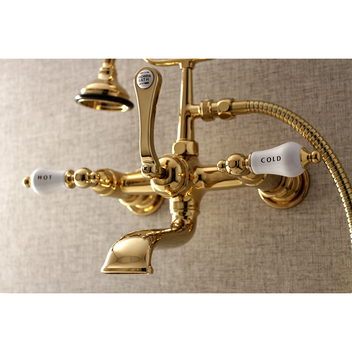 Kingston Heirloom AE555T2 - Aqua Vintage Three-Handle 2-Hole Tub Wall Mount Clawfoot Tub Faucet with Hand Shower, Polished Brass