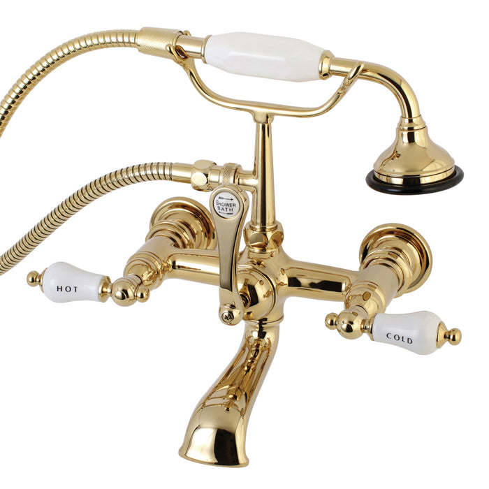 Kingston Heirloom AE555T2 - Aqua Vintage Three-Handle 2-Hole Tub Wall Mount Clawfoot Tub Faucet with Hand Shower, Polished Brass