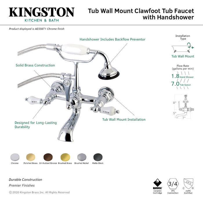 Kingston Heirloom AE555T7 - Aqua Vintage Three-Handle 2-Hole Tub Wall Mount Clawfoot Tub Faucet with Hand Shower, Brushed Brass