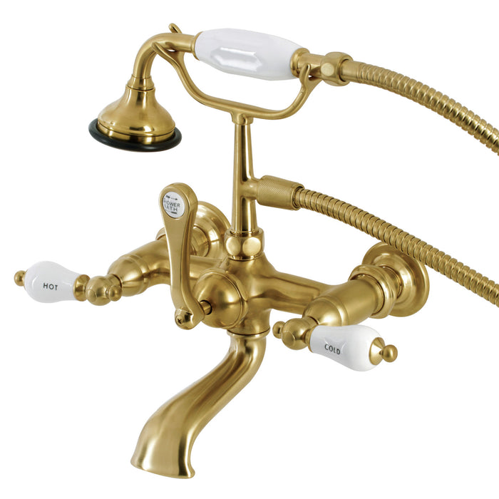 Kingston Heirloom AE555T7 - Aqua Vintage Three-Handle 2-Hole Tub Wall Mount Clawfoot Tub Faucet with Hand Shower, Brushed Brass