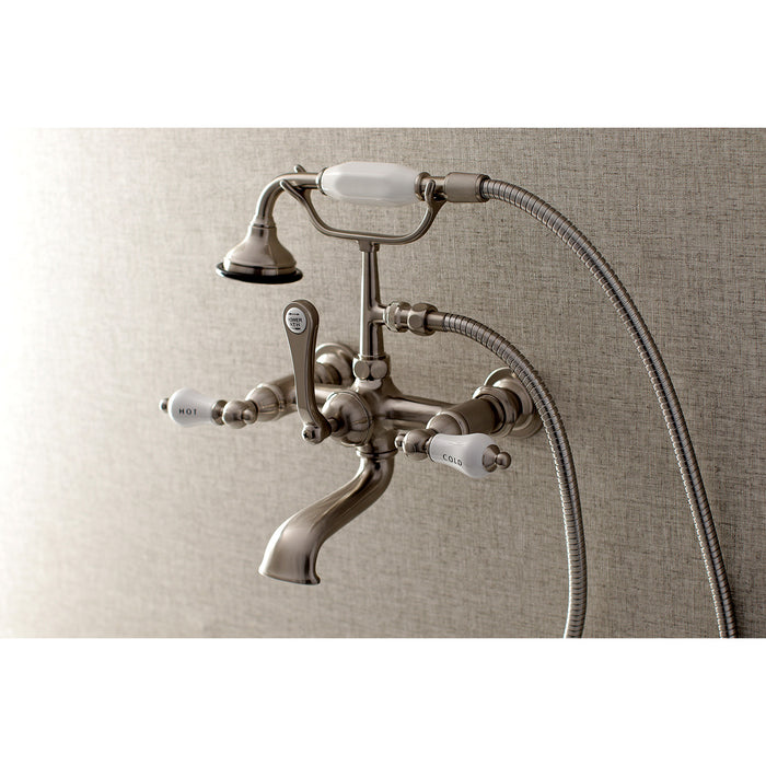 Aqua Vintage AE555T8 Three-Handle 2-Hole Tub Wall Mount Clawfoot Tub Faucet with Hand Shower, Brushed Nickel