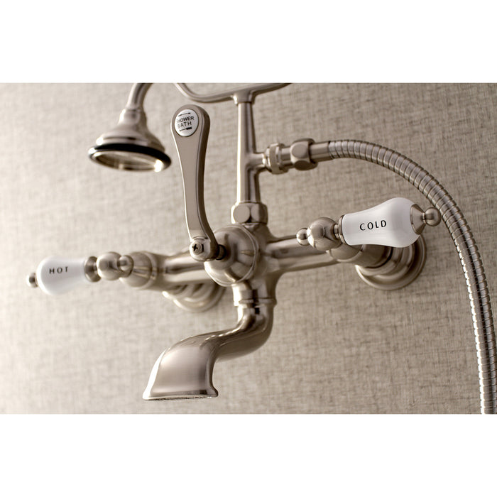 Aqua Vintage AE555T8 Three-Handle 2-Hole Tub Wall Mount Clawfoot Tub Faucet with Hand Shower, Brushed Nickel