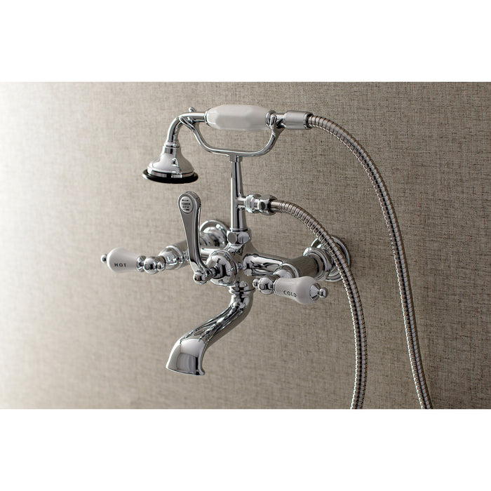 Kingston Heirloom AE556T1 - Aqua Vintage Three-Handle 2-Hole Tub Wall Mount Clawfoot Tub Faucet with Hand Shower, Polished Chrome