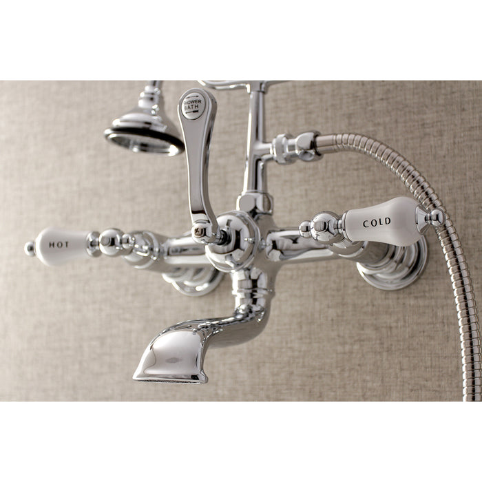 Kingston Heirloom AE556T1 - Aqua Vintage Three-Handle 2-Hole Tub Wall Mount Clawfoot Tub Faucet with Hand Shower, Polished Chrome
