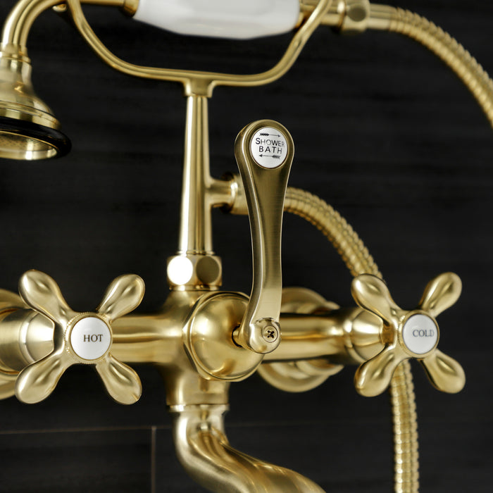 Kingston Heirloom AE557T7 - Aqua Vintage Three-Handle 2-Hole Tub Wall Mount Clawfoot Tub Faucet with Hand Shower, Brushed Brass