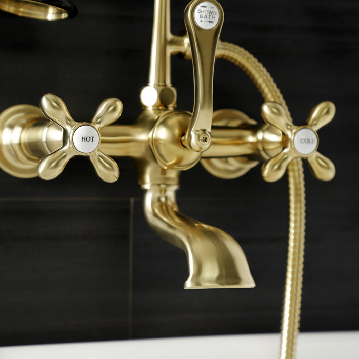 Aqua Vintage AE557T7 Three-Handle 2-Hole Tub Wall Mount Clawfoot Tub Faucet with Hand Shower, Brushed Brass
